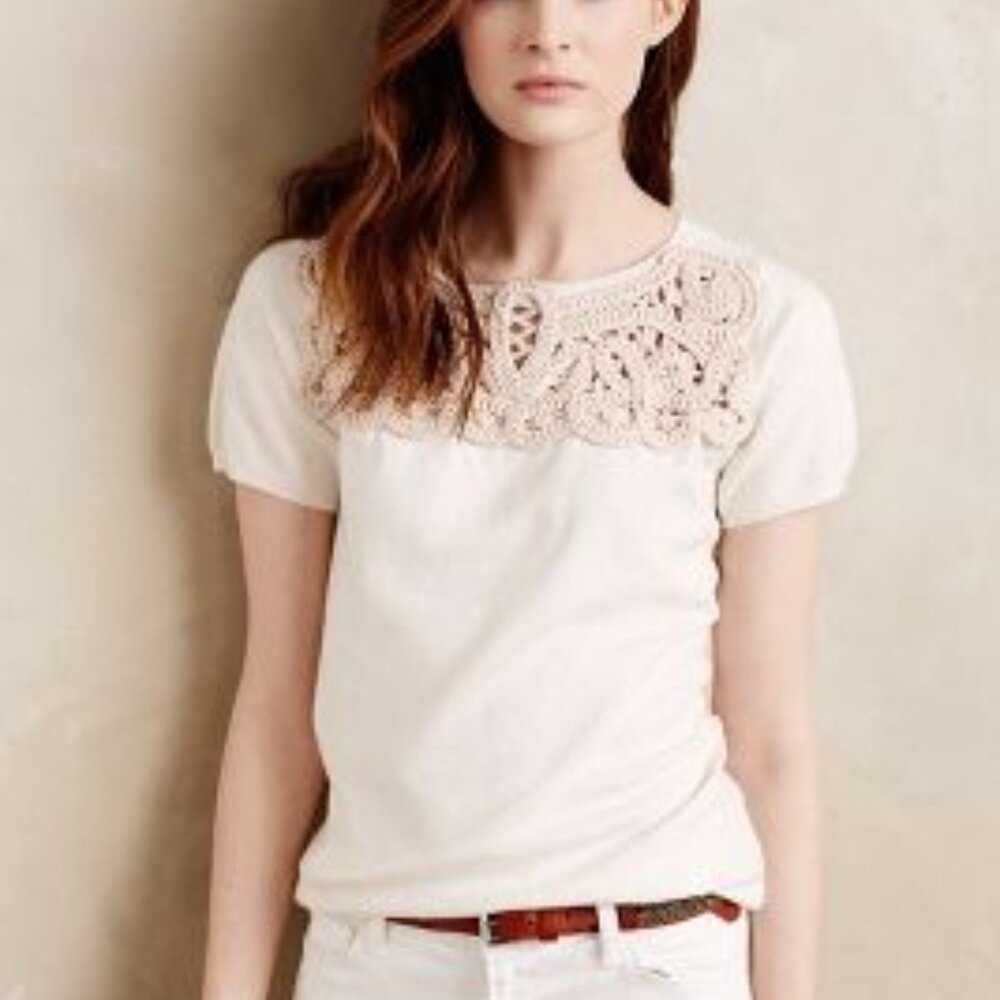 Anthropologie Hexham Pullover Ivory Knit Top Crochet Detail